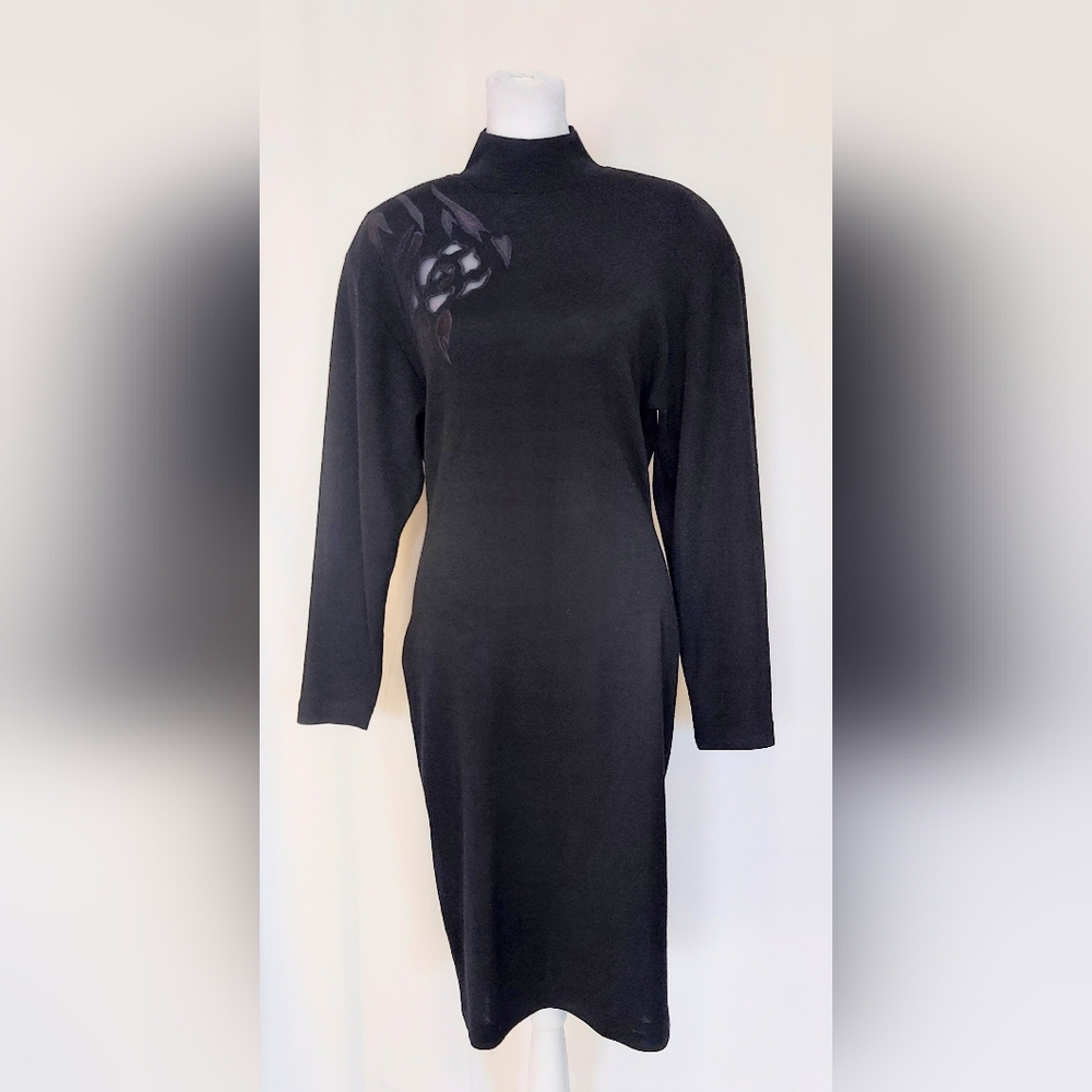 Fusion Stretch Mock Neck Long Sleeve Wool Knit Dress Black Size Medium